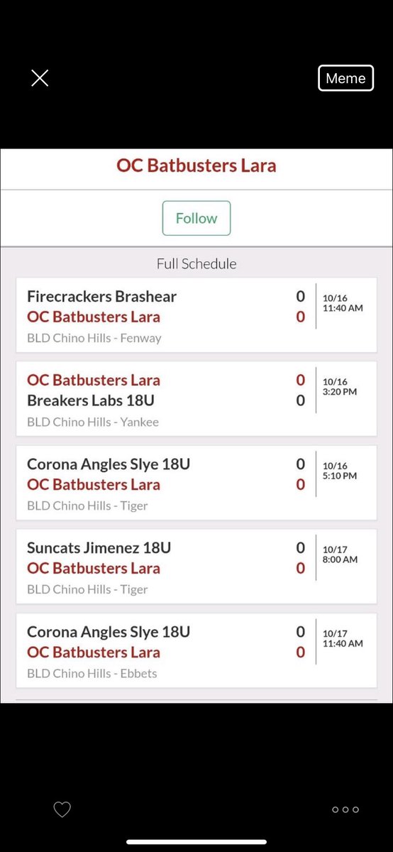 This weekends schedule AGL:007535
<a href="/Coachhump13/">CoachHump</a> <a href="/CoastRecruits/">Coast 2 Coast Recruits</a> <a href="/Los_Stuff/">Carlos Arias</a> <a href="/OcbatbustersL/">OCBatbustersLegacyLara</a> <a href="/Dblas3peat/">Dennis Blas</a> <a href="/marsonhawk/">Bob Castle</a> @UCR_CoachPalmer <a href="/melanie_meuchel/">Melanie Meuchel</a> <a href="/SherylGilmore7/">Sheryl Gilmore</a> <a href="/Coach_Sarg/">Lonny Sargent</a> <a href="/coachCThomson/">Cody Thomson</a> <a href="/Drew_Rich1221/">Andrew Rich</a> <a href="/tairiaflowers/">Tairia Flowers</a> <a href="/CrystalRosenth1/">Crystal Rosenthal</a>