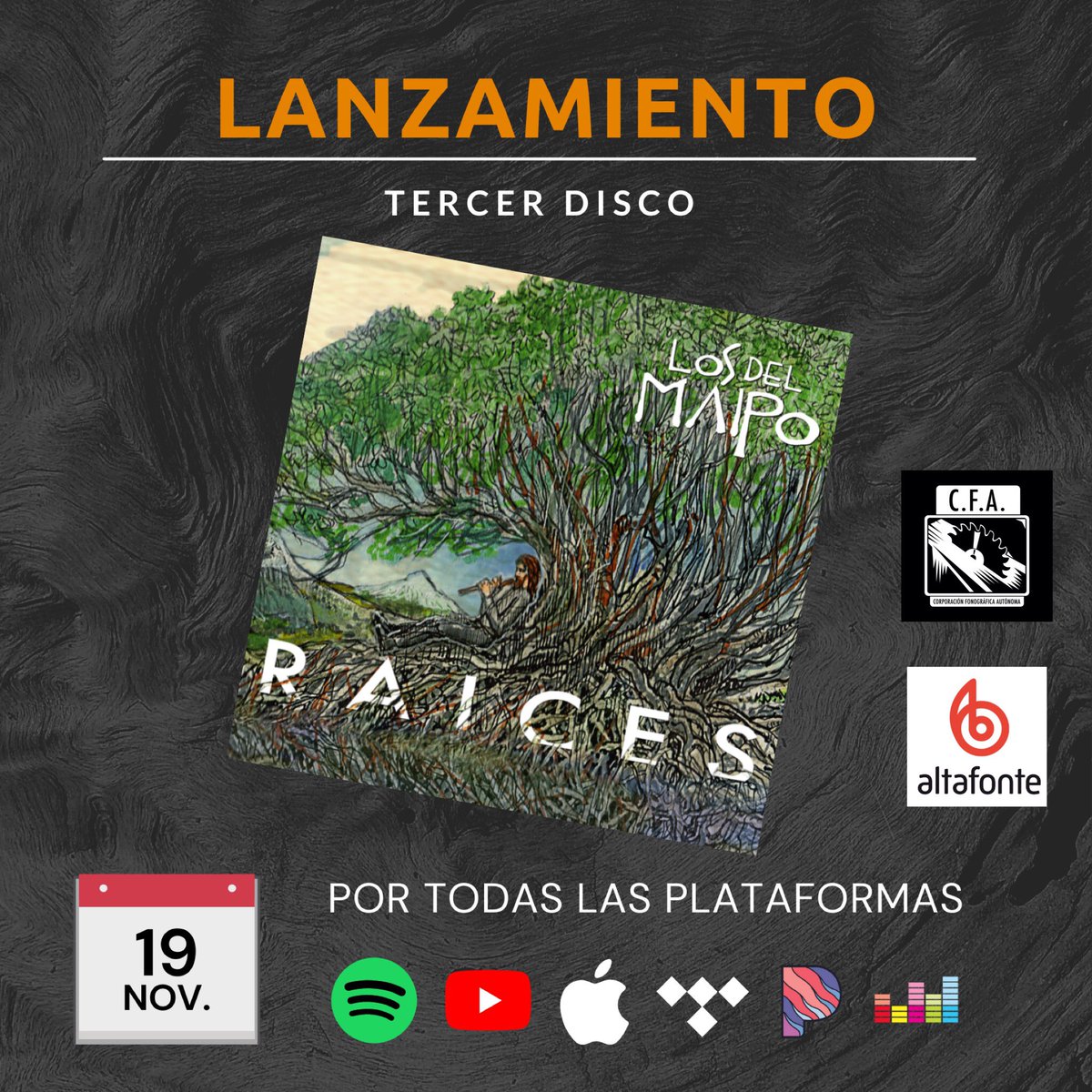 19/11 lanzamiento del nuevo disco de <a href="/LosDelMaipo/">Los del Maipo</a> #Raices a través de las plataformas de streaming. Haz ya el “pre save” en el siguiente link y participa del estreno links.altafonte.com/oyznbma
.
#NuevaMusicaDeRaiz #FusionLatinoamericana #MusicaChilena #Folklore #MusicaDeRaiz #Folk