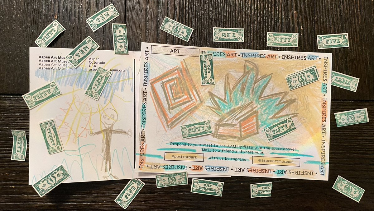 DavidSmooke's tweet photo. took a half day to make some #postcardart at the @aspenartmuseum with my daughter and #jonathanberger’s tiny money https://t.co/dLtHfAuJjX