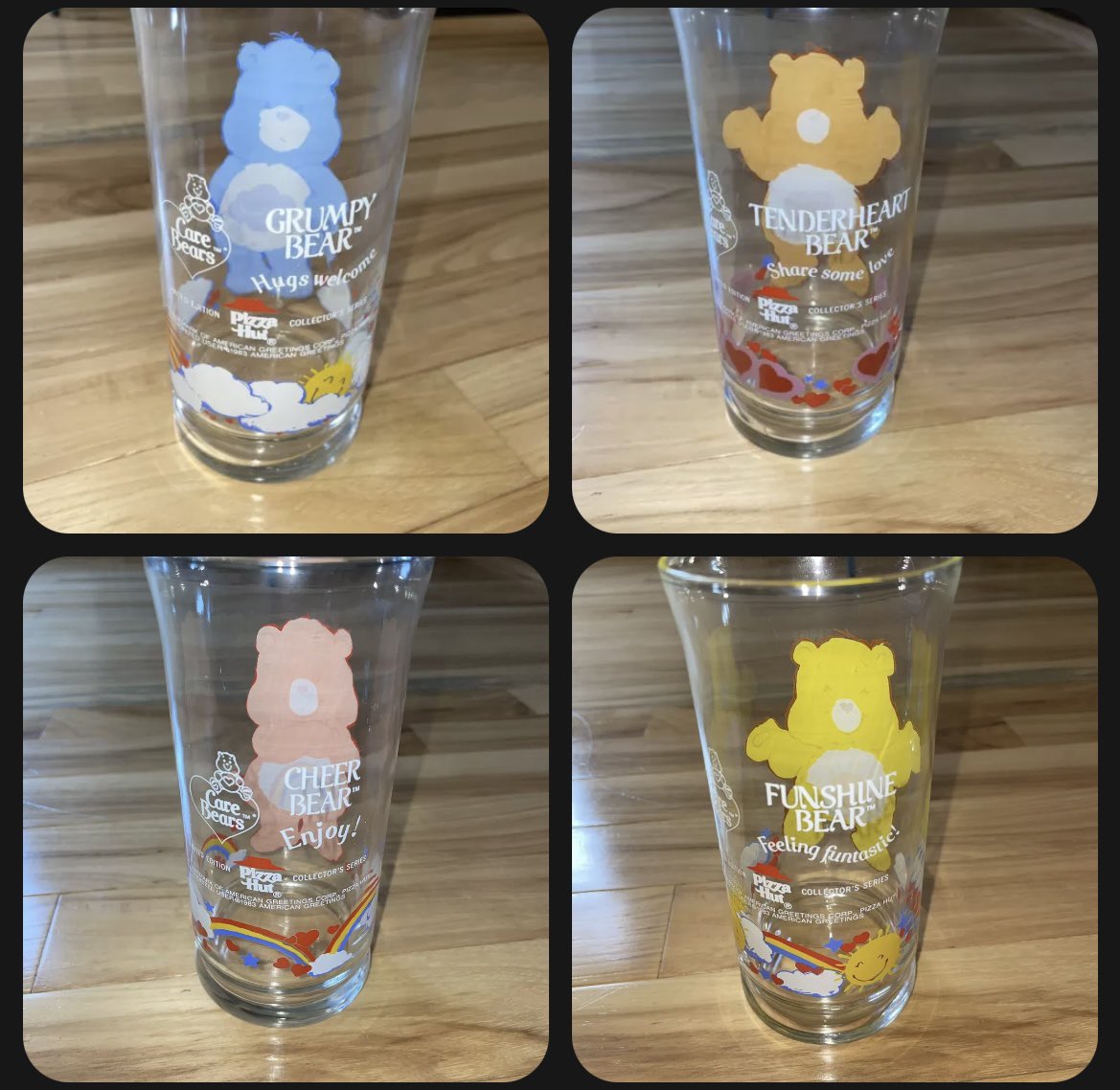 Don’t be a Grumpy Bear, treat yourself to these vintage 1983 Pizza Hut Care Bears glasses! Beautiful lot of 4 to cheer you up on a rainy day. 
Check it out on eBay, message me with offers.
#CareBears #vintageglassware #PizzaHut #treatyoself
ebay.com/itm/Vintage-19…