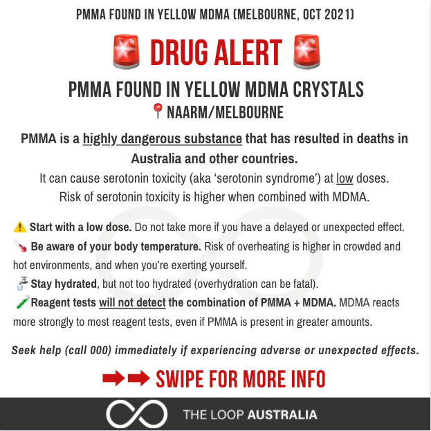 WeAreTheLoopAU's tweet image. 🚨@VicGovDH has issued a drug alert🚨
 
PMMA found in yellow MDMA crystals (📍Naarm/Melbourne)

See alert here: bit.ly/VicHealthPMMAA…