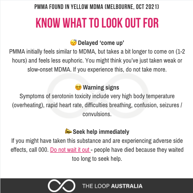 WeAreTheLoopAU's tweet image. 🚨@VicGovDH has issued a drug alert🚨
 
PMMA found in yellow MDMA crystals (📍Naarm/Melbourne)

See alert here: bit.ly/VicHealthPMMAA…