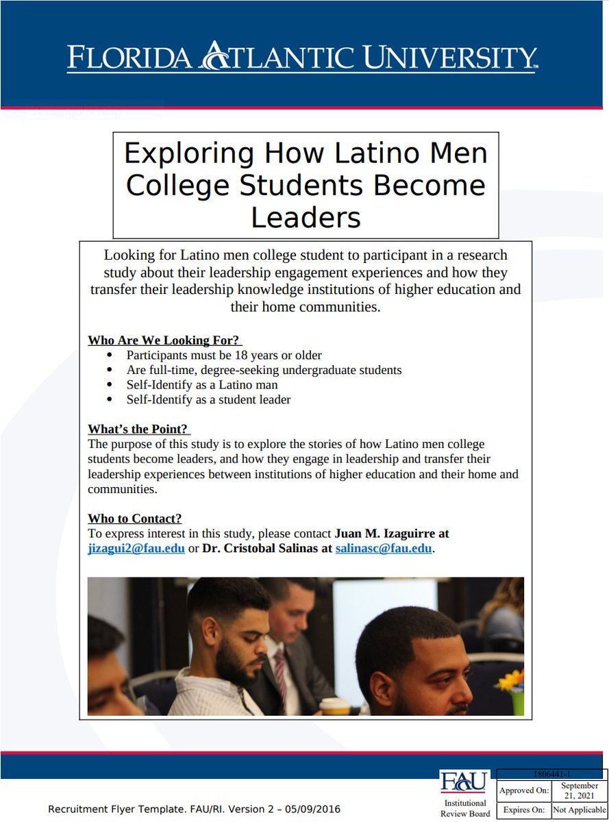 Research Study Alert!!! 📝 **Please share**
Looking for #undergraduate #Latino #Men participants to explore their leadership experiences and how they transfer their leadership knowledge from institutions of higher education and their home communities.