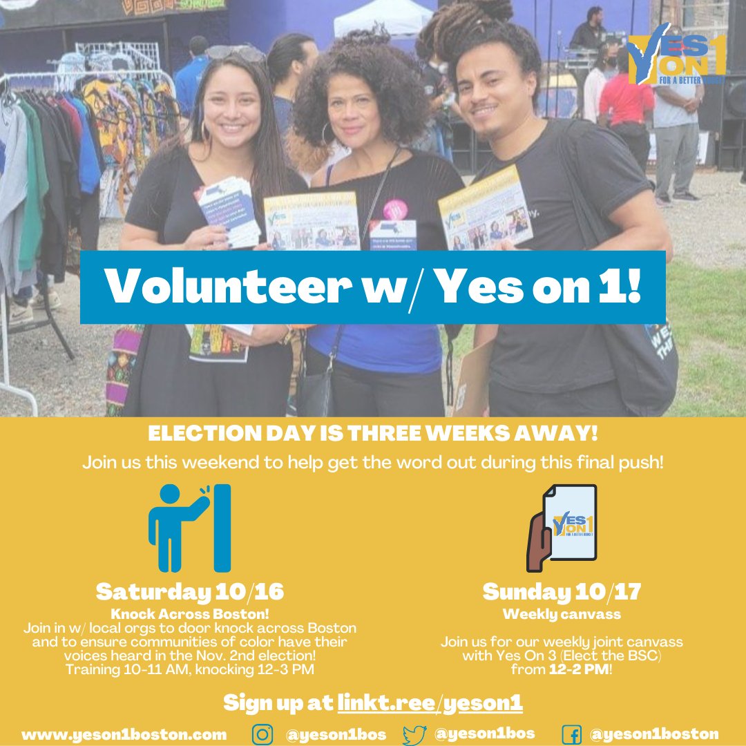 BBA_Boston's tweet photo. E-DAY IS 3 WEEKS AWAY! Join us this weekend to get the word out during our #KnockAcrossBoston on Saturday and our weekly canvass on Sunday to tell voters about #YesOn1 ! #bospoli

https://t.co/YMOmAjaVZC
https://t.co/cOBFlba8gw https://t.co/QYcY42nEdm