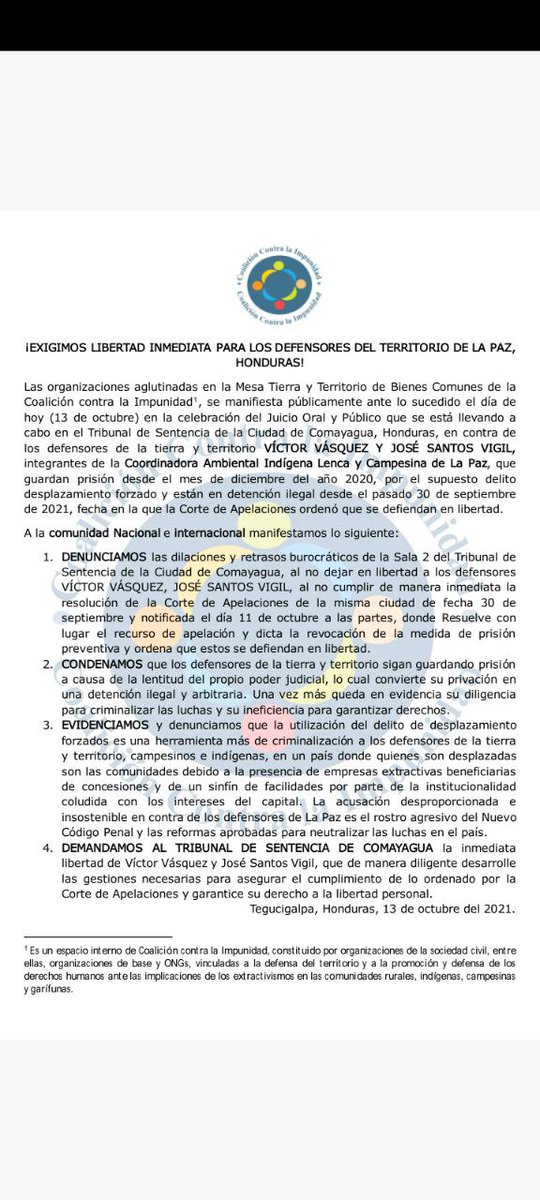 Coalición Contra la Impunidad (CCI) exigi libertad inmediata para los defensores del territorio de La Paz, Honduras. <a href="/PJdeHonduras/">Poder Judicial HN</a>