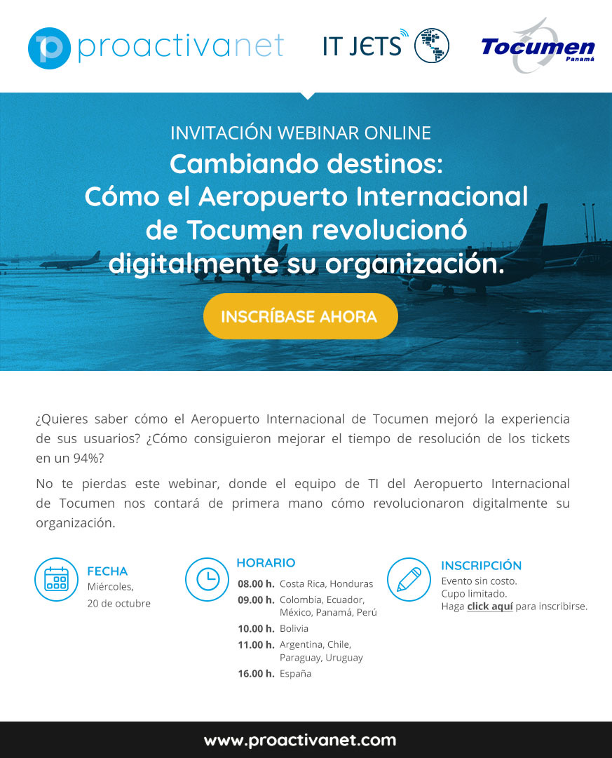 ITJETS's tweet photo. ¡Nuevo webinar! Regístrate: https://t.co/9ztWh1HQnR

✈️ Cambiando destinos: Cómo el Aeropuerto Internacional de Tocumen revolucionó digitalmente su organización
Junto a @Proactivanet y @tocumenaero 

Este miércoles de 9-10 a.m. hora 🇵🇦 https://t.co/1NGdF3APIW