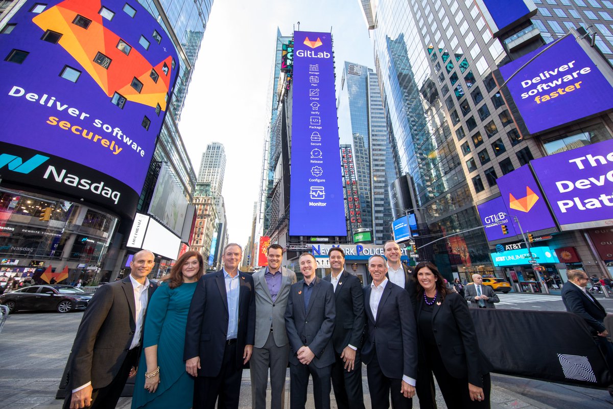 gitlab's tweet image. The DevOps Platform is taking over Times Square for $GTLB listing day at @Nasdaq. 

#EveryoneCanContribute