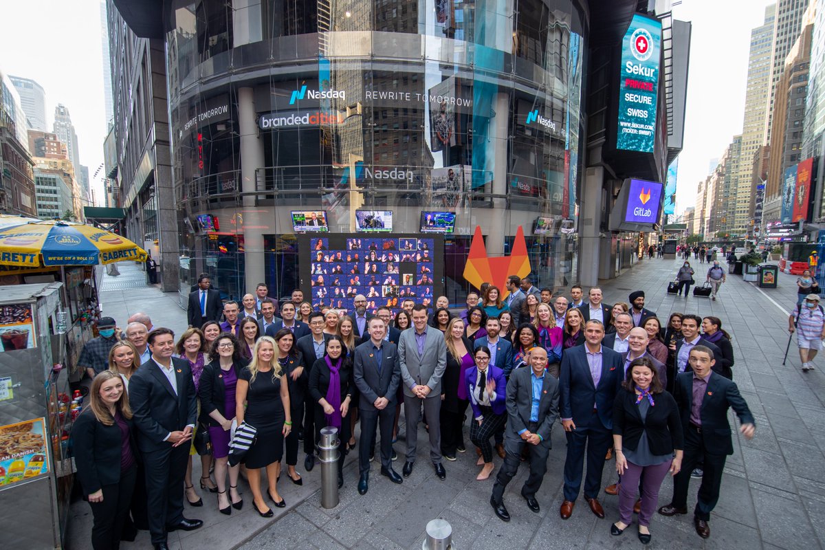gitlab's tweet image. The DevOps Platform is taking over Times Square for $GTLB listing day at @Nasdaq. 

#EveryoneCanContribute