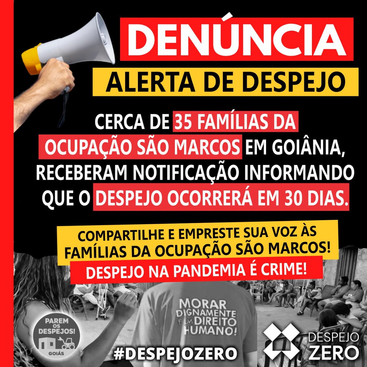 go_mlb's tweet photo. DENÚNCIA 📢📢🚨🚨

Cerca de 35 famílias moradoras da Ocupação São Marcos em Goiânia foram notificadas sobre o despejo que ocorrerá em 30 dias. https://t.co/mwqrYqctAg