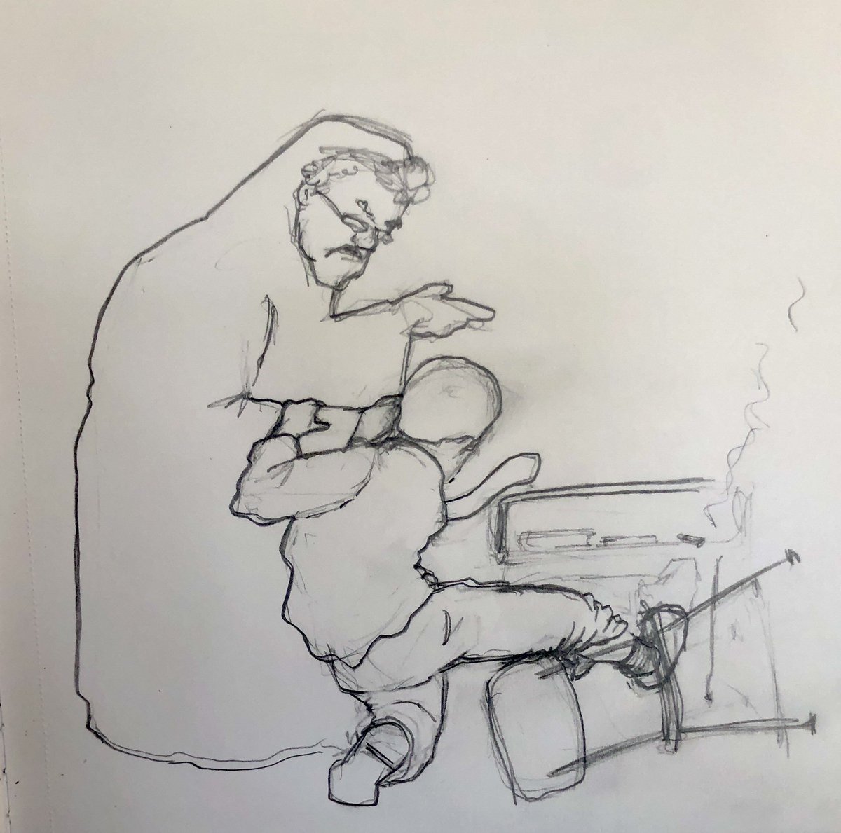 RealBrianKelley's tweet image. Rough journal sketch. Sister St. P_____ yanked friends out of desks by their earlobe. In this example, a 7th-grade friend was caught smoking in the back of the classroom. #truestory #notthefirsttime #makingcomics #comicsprocess #memoircomics #autobiographicalcomics
