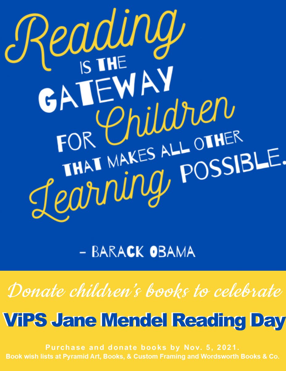 ViPS Jane Mendel Reading Day Book Wish Lists at Pyramid Art, Books &amp; Custom Framing and WordsWorth Books &amp; Co. Purchase at either of these stores and ViPS will pick up your donation, no further steps needed😊