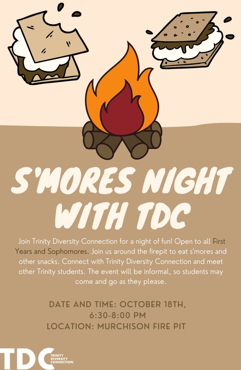 trinityutdc's tweet image. 🚨First years and Sophomores🚨 Come take a break with TDC on October 18th from 6:30-8 pm @ the Murchison fire pit to enjoy S'mores! We hope to see you there. :)