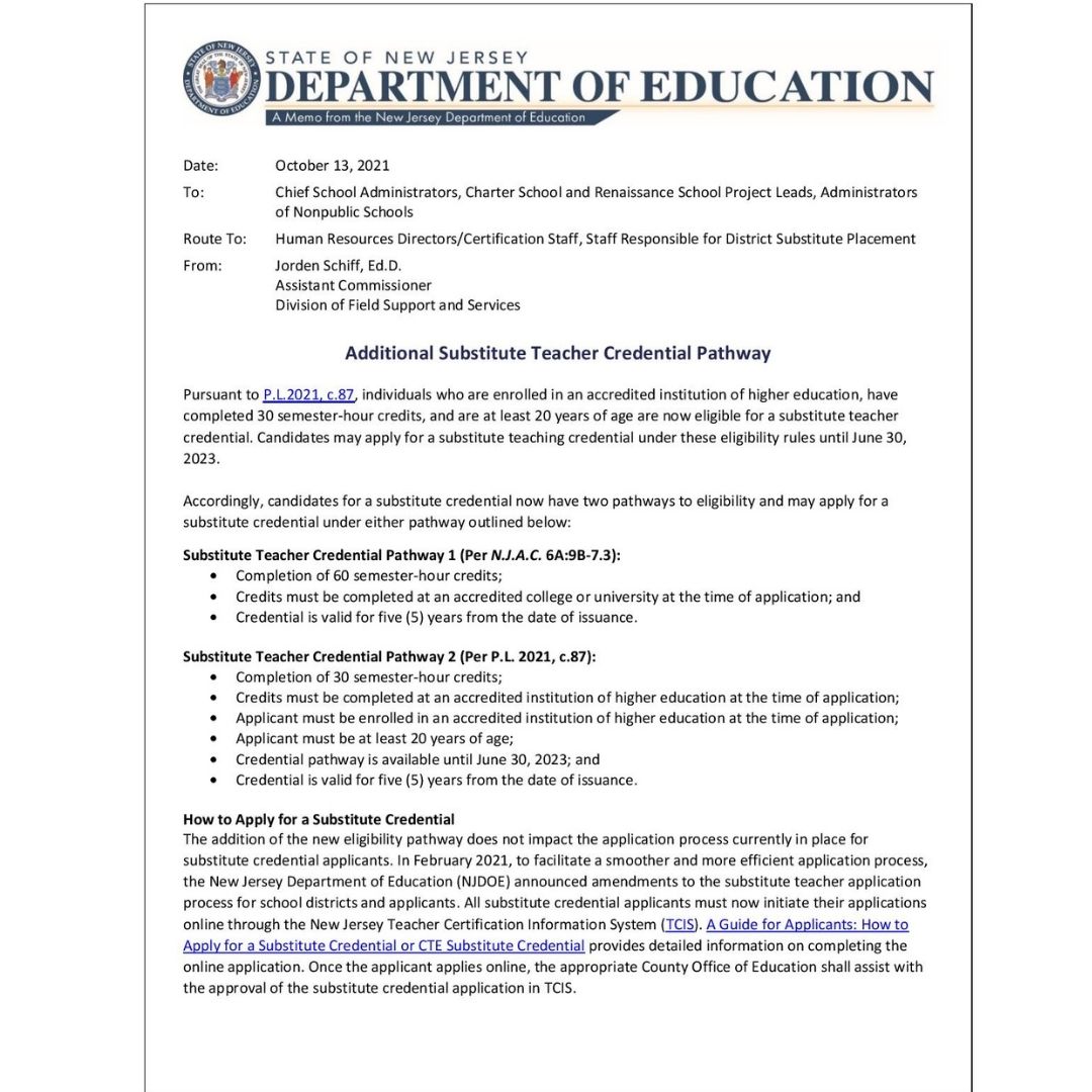 AbseconSchools's tweet image. Calling all Future Substitutes! Attached you will find the new regulations for substituting distributed by NJDOE today; only 30 credits and 20 years of age.  Don't wait another second, come join our Absecon Team Today!