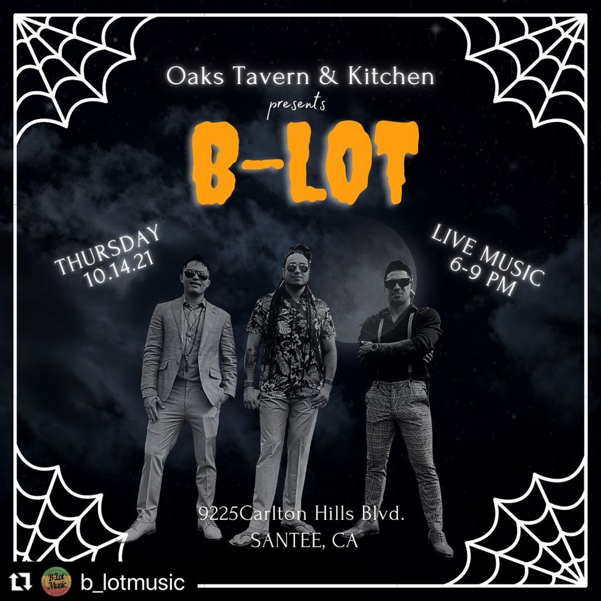 #Repost @b_lotmusic with <a href="/make_repost/">Repost for Instagram</a>
・・・
Spooky season is here! Make sure to join us this Thursday in Santee for some festive live music and drink specials at @oaks_tavern_and_kitchen. #blotmusic #reggaemusic #islandreggae #calireggae #santee