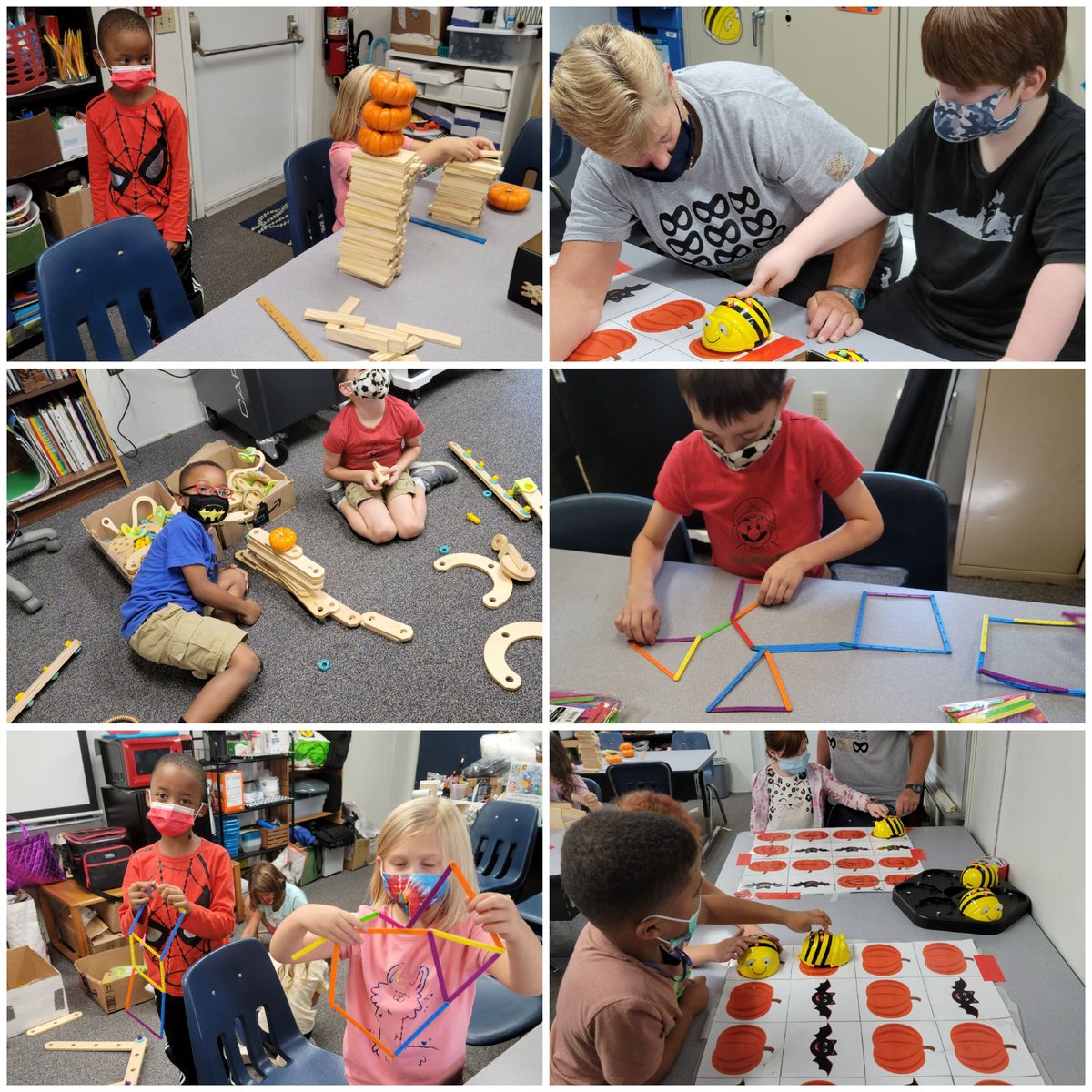 BMESEagles's tweet photo. Smiling eyes in Ms. Ship's class in the makerspace with @junemariejones. Exploragons are an amazing creative tool and a big hit. Measuring pumpkin towers, building fences with Rigamajig and coding with Beebots had everyone creating, collaborating and communicating. #engageycsd https://t.co/7Ij9kJUowf