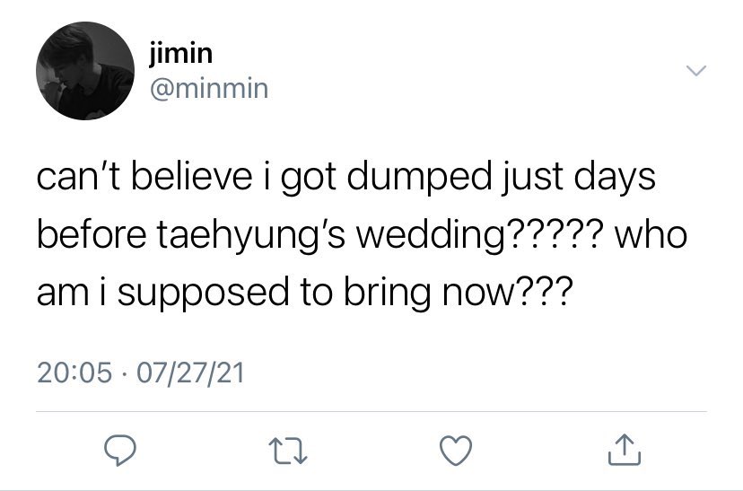 inkedsky's tweet photo. yoonmin au where— 

jimin’s boyfriend breaks up with him days before taehyung’s wedding. he already promised to bring someone, so he tweets to idol min yoongi as a joke. 

surprisingly, he gets a reply. https://t.co/XRG04JEDPW
