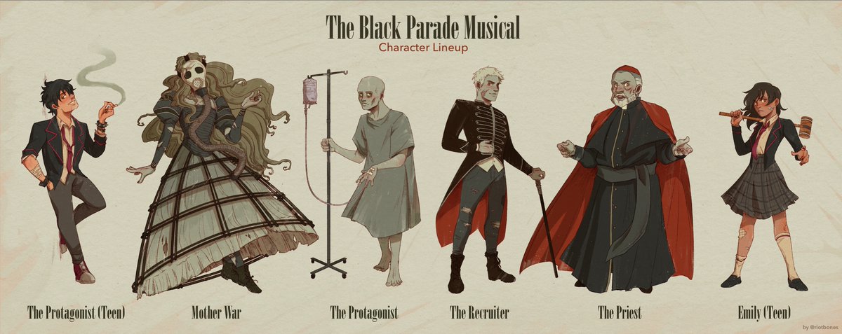 character design lineup of The Black Parade as an animated musical! 🖤