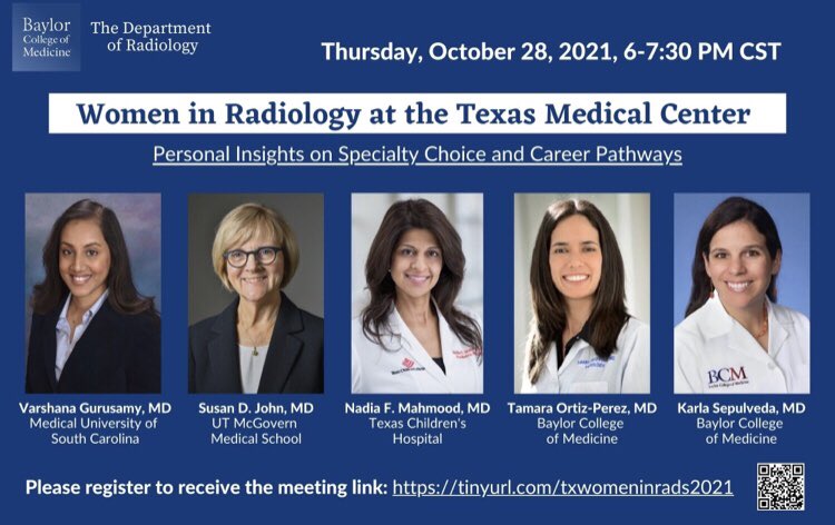 AshleyEtchison's tweet photo. 📢📢 Join us for the 2nd annual “Women in Radiology at the Texas Medical Center” Webinar on Oct 28th @ 6pm CST! Panelists include outstanding radiologists from @BCM_Radiology, @TCHRadiology, and @UTHradiology. Register for Zoom link ➡️ https://t.co/b5cyUCWaxB https://t.co/EG8TMHtr1y