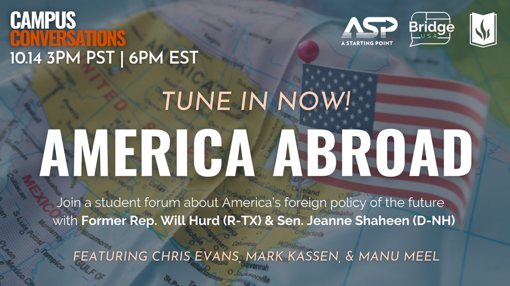 ASP's tweet photo. LIVE RIGHT NOW: #ASP and @BridgeUSA_'s #CampusConversation featuring @ChrisEvans &amp; @MarkKassen. Tune in to hear @SenatorShaheen &amp; former Rep. @WillHurd discuss America's role in world politics, your questions, and more. Watch here>> https://t.co/9Yh9mdvnlz https://t.co/uJXCwPUFgD