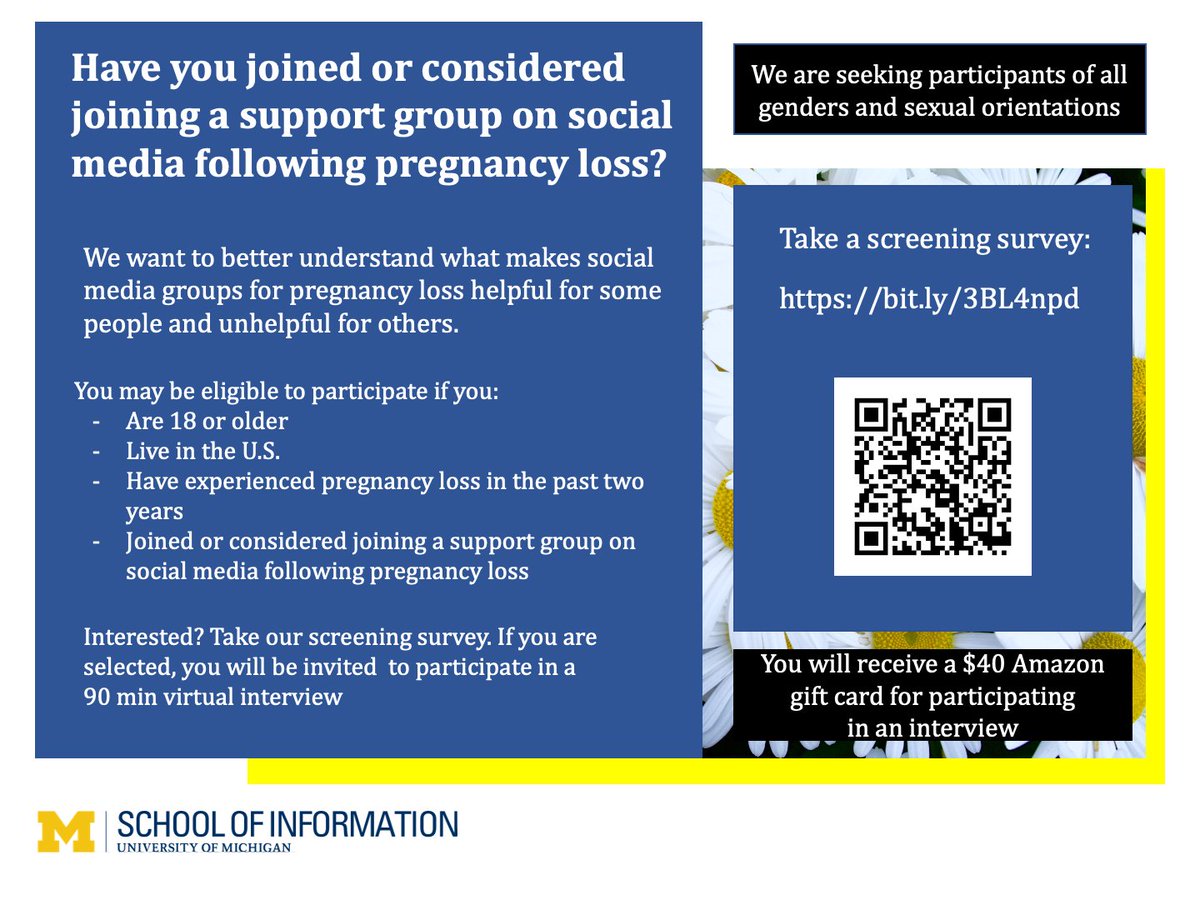 kbarta's tweet photo. Have you joined or considered joining a support group on social media following pregnancy loss? We @umsi are conducting a study about what makes online groups helpful for some and unhelpful for others. Check out the screening survey: https://t.co/T9L2HlxOqQ
Please share! https://t.co/4r0Dxrhp21