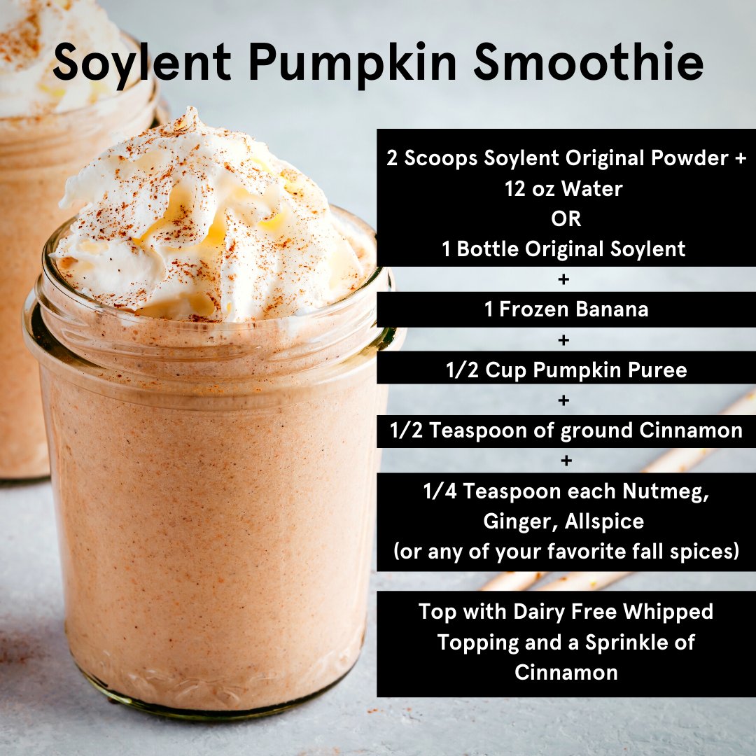 soylent's tweet photo. Nothing #basic about this fall recipe.  Not only does this taste delicious, but in addition to all the nutrients Soylent brings to the table by adding pumpkin and banana you can further supplement your fiber and vitamin intake for the day! https://t.co/enDyCYaZjI