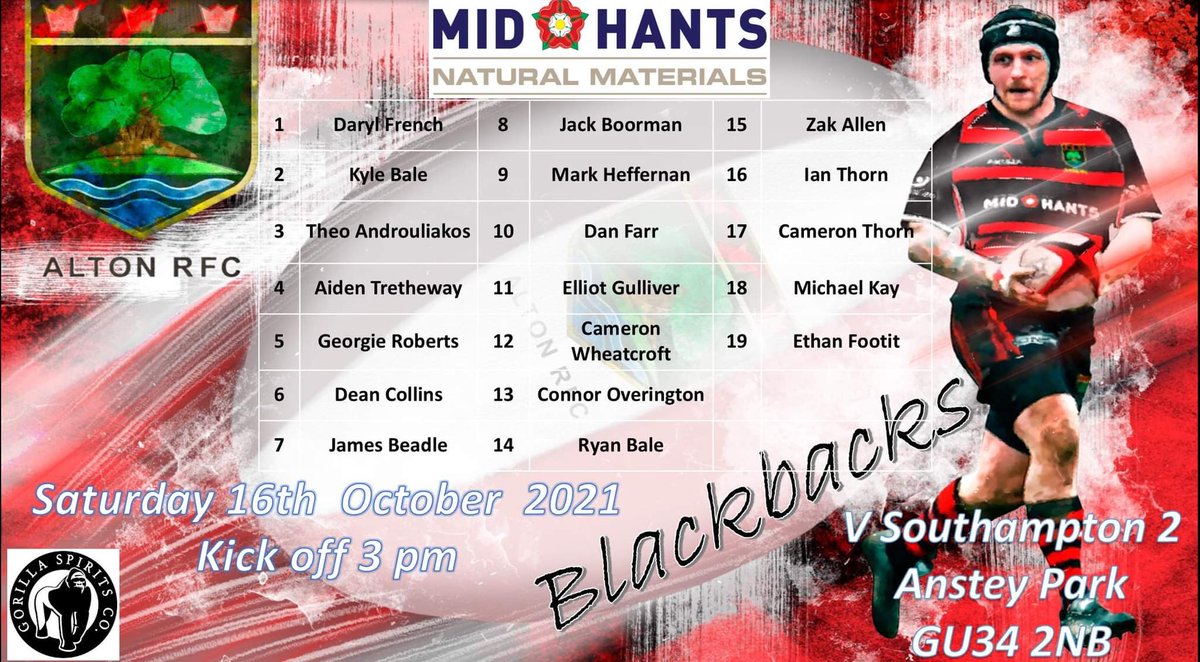 🏉match day squad🏉

@altonrugby 2 🔴⚫🦍
V <a href="/SouthamptonRFC/">Southampton RFC</a> 2
📅  16th  October 2021
🕒  15:00
🏟   Anstey Park, GU34 2NB

#Blackbacks. #redbellies