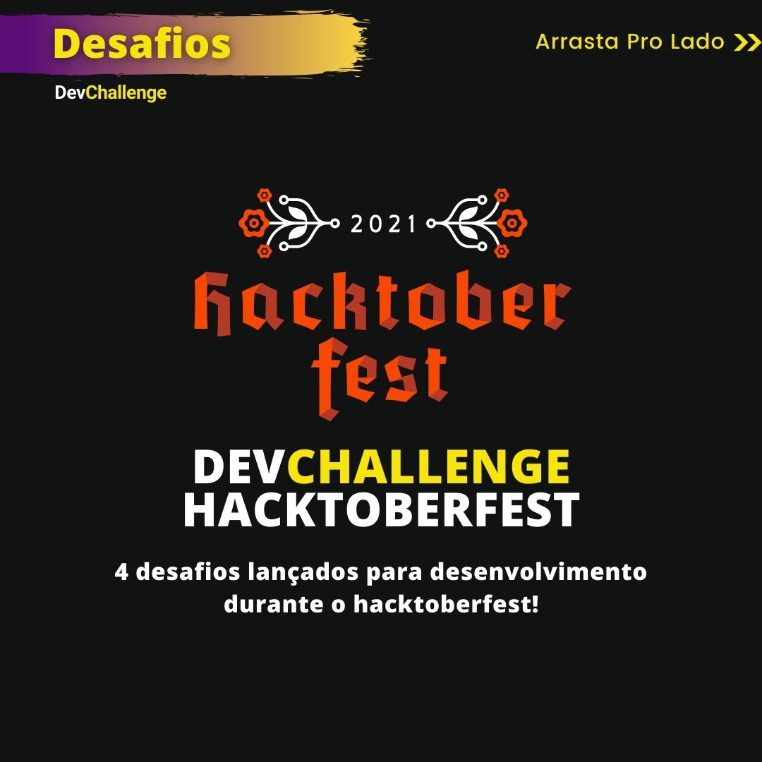 dev_challenge's tweet image. (Atualizados) Desafios Liberados👨💻🚀😎
.
.
Aproveite até o dia 30/10 para resolver os desafios do DevChallenge Hacktoberfest 🥳
.
.
#hacktoberfest2021 #hacktoberfest #devchallenge #challenge #frontend #backend #mobile #opensource