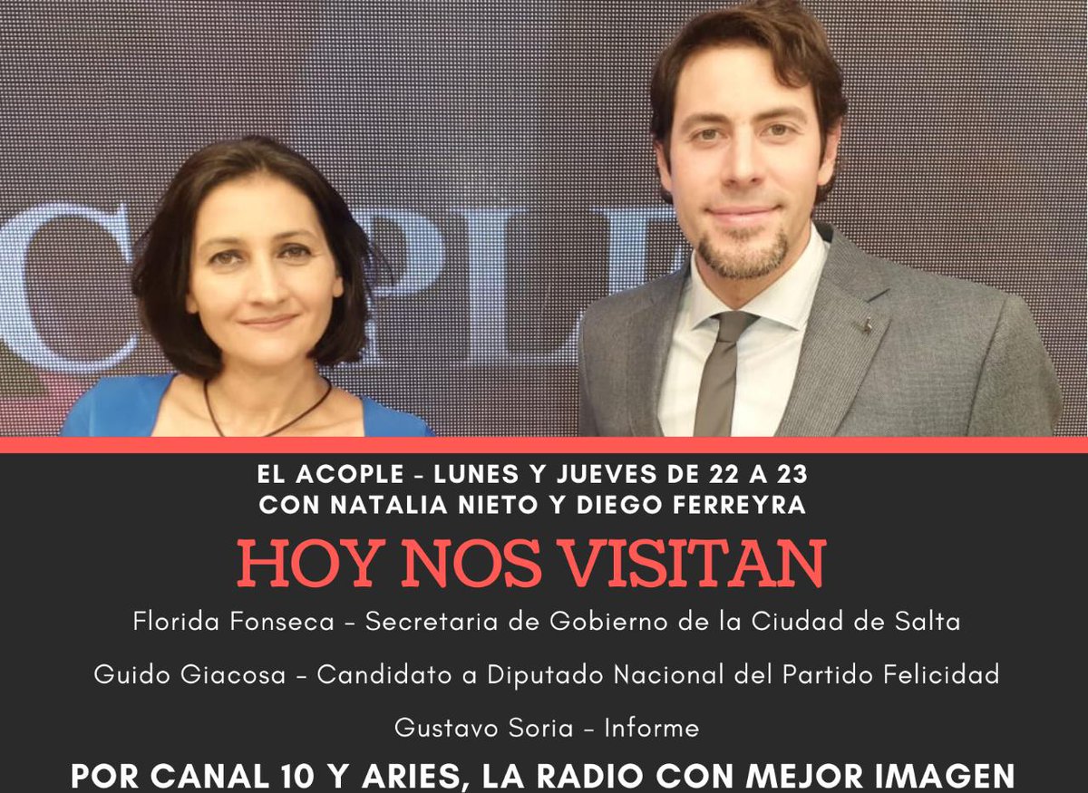 #Hoy, <a href="/nnatnieto/">Natalia Nieto</a> y @DiegoaFerreyra reciben en el #ElAcople a la secretario de Gobierno de @GobCiudadSalta, <a href="/FridaFonseca2/">Frida Fonseca</a>, y al candidato a diputado nacional de la lista de <a href="/felicidad_salta/">FELICIDAD Salta</a>, <a href="/guidogiacosa/">guido giacosa</a> 

Política y gestión, más expectativas electorales 
#EleccionesArgentina