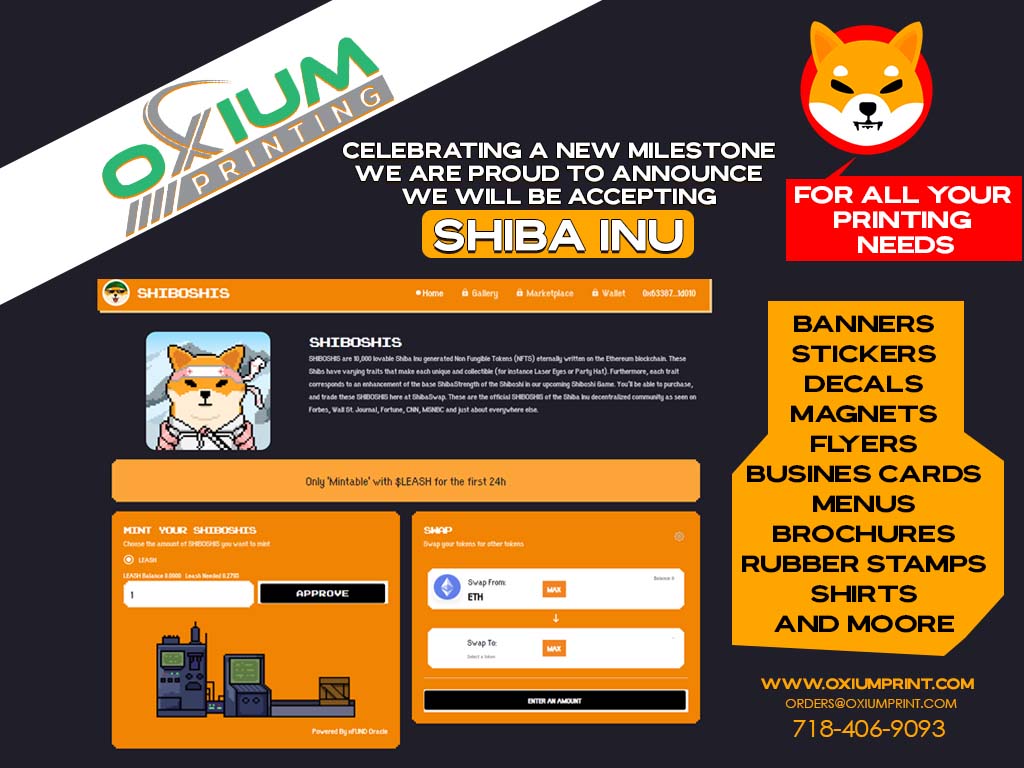 oxiumprint's tweet photo. Celebrating #shibainu #cryptocurrecy we are accepting it for all your printing needs.  #ShibaArmy #shiba_inu_token #CryptoNews https://t.co/XB67NVMmQp