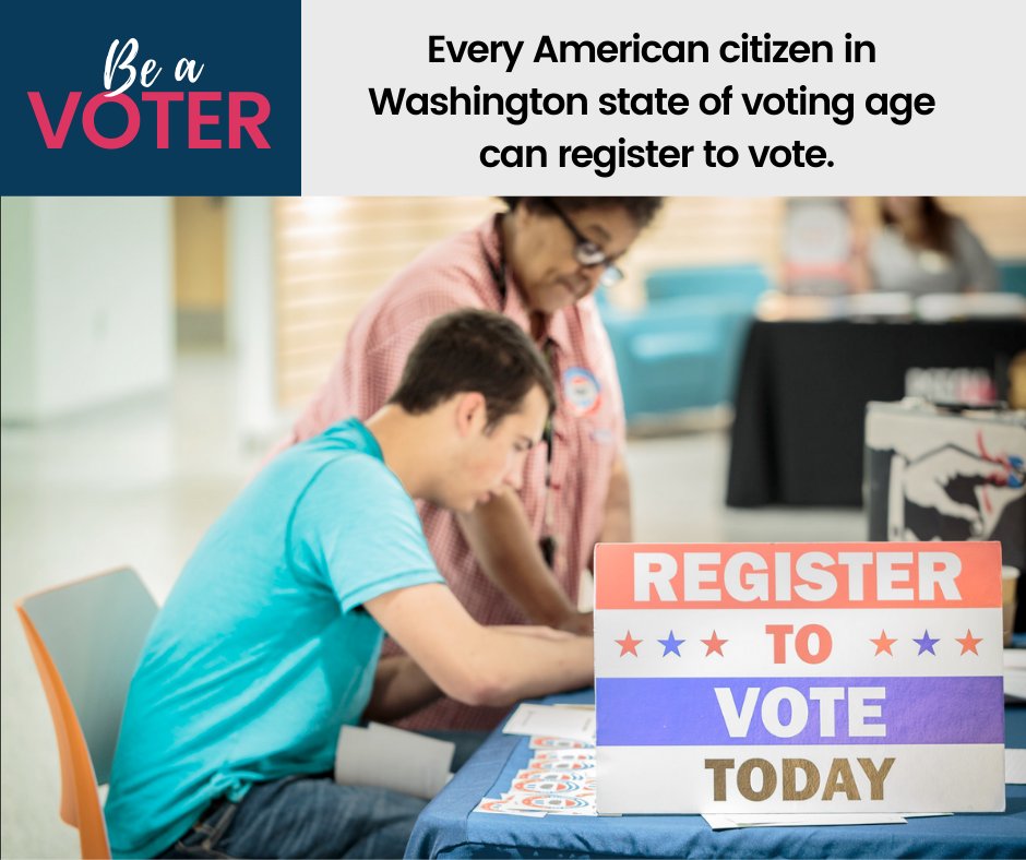 LWVWA's tweet photo. American citizens in WA who are 18 or older can register to vote.  A birthdate and Washington state ID or a Social Security number are required to register. One person, one registration, one vote. Always.

Register to vote at https://t.co/RLvhOVU16P  #BeAVoter #WAVotingFacts https://t.co/3Rj6eWuAB7