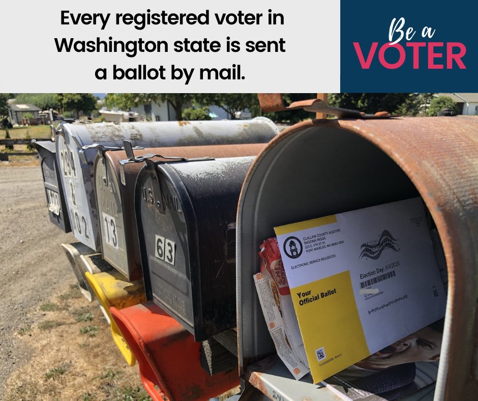 LWVWA's tweet photo. Every registered voter in Washington state is sent a ballot by mail.  

Any registered voter who does not receive their ballot should contact their county elections office to determine the best way to receive a replacement ballot. #BeAVoter #WAVotingFacts https://t.co/VfjFbnlD2K