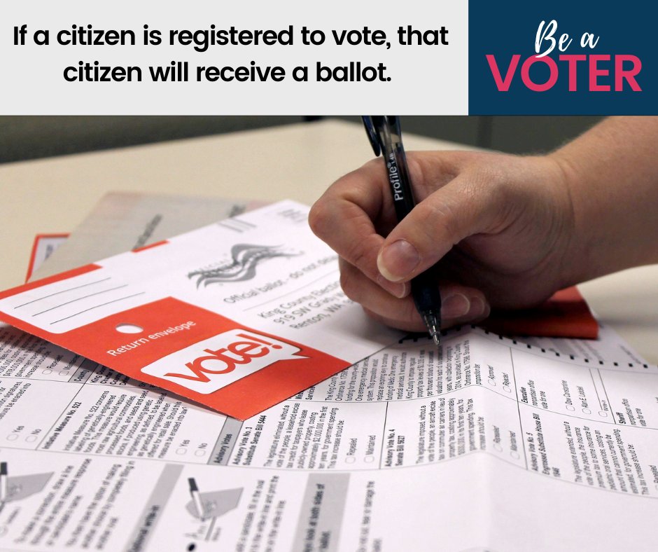LWVWA's tweet photo. If a citizen is registered to vote, that citizen will receive a ballot. The county elections office won’t send or give a ballot to anyone who isn’t registered. It’s as simple as that. 
#BeAVoter #WAVotingFacts

(photo credit: King County Elections, @kcelections) https://t.co/KJ2QqWjgts