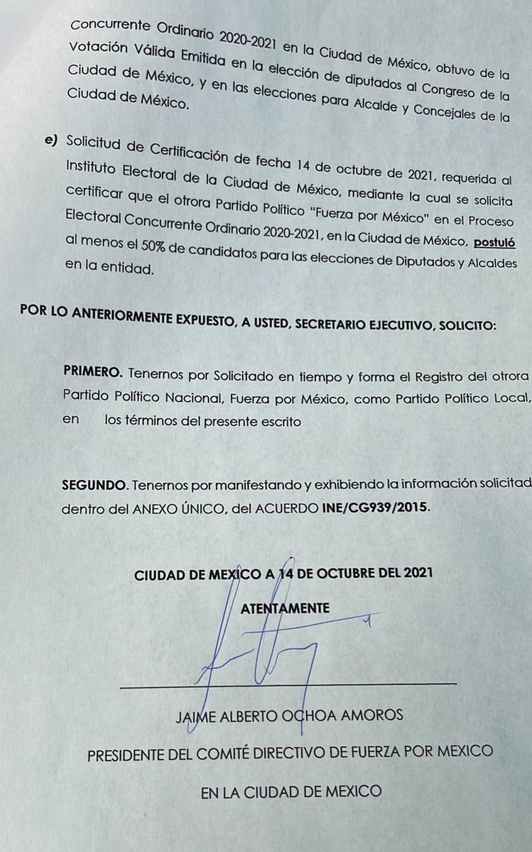 Tenemos solicitado en tiempo y forma el Registro del otrora Partido Político Nacional, Fuerza por México, como Partido Político Local en los términos del presente escrito