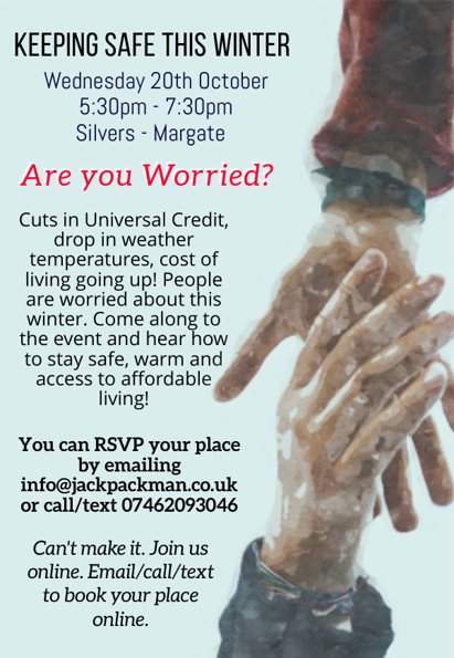 JackPackman's tweet photo. Next Wednesday come along find out how to
-access affordable food and support
-access home energy support
-keeping warm over winter
-tackle isolation
-access health care in different ways
-general advice and guidance 

7pm @silversmargate #HighStreet https://t.co/x6GnnJouPm
