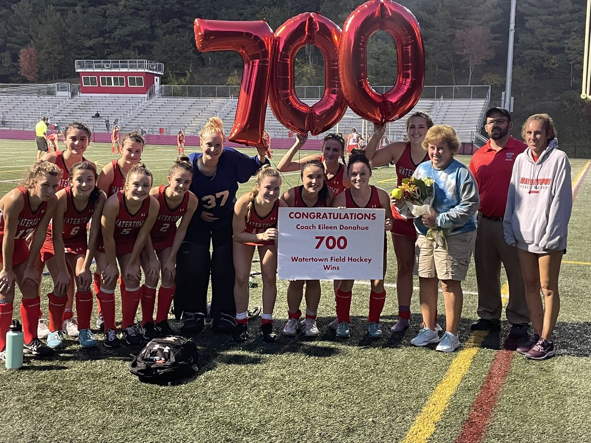 18 Div. 2 state championships
26 Div. 2 North titles
31 Middlesex League titles
184-game unbeaten streak
NFHCA Hall of Fame

Now, through 36 years, 700 wins. 

With a 700-34-36 record, Watertown’s Eileen Donahue is just one of seven in the U.S. to ever reach the mark in FH. Wow.