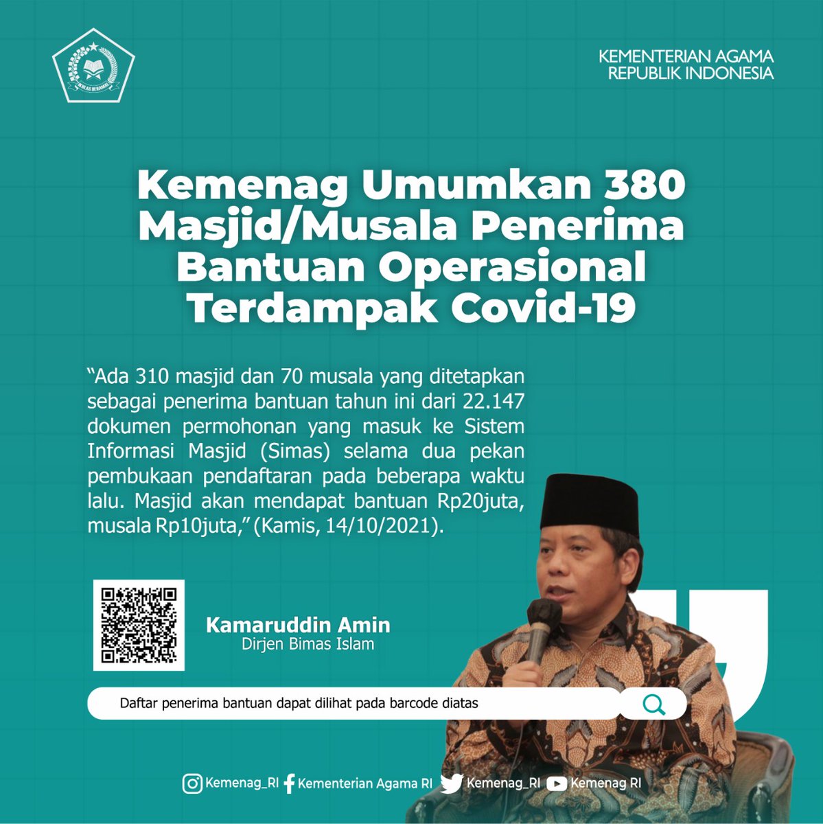 Ada 310 masjid dan 70 musala yang ditetapkan sebagai penerima bantuan tahun ini dari 22.147 dokumen permohonan yang masuk ke Sistem Informasi Masjid (Simas) selama dua pekan pembukaan pendaftaran pada beberapa waktu lalu. Masjid akan mendapat bantuan Rp20juta, musala Rp10juta