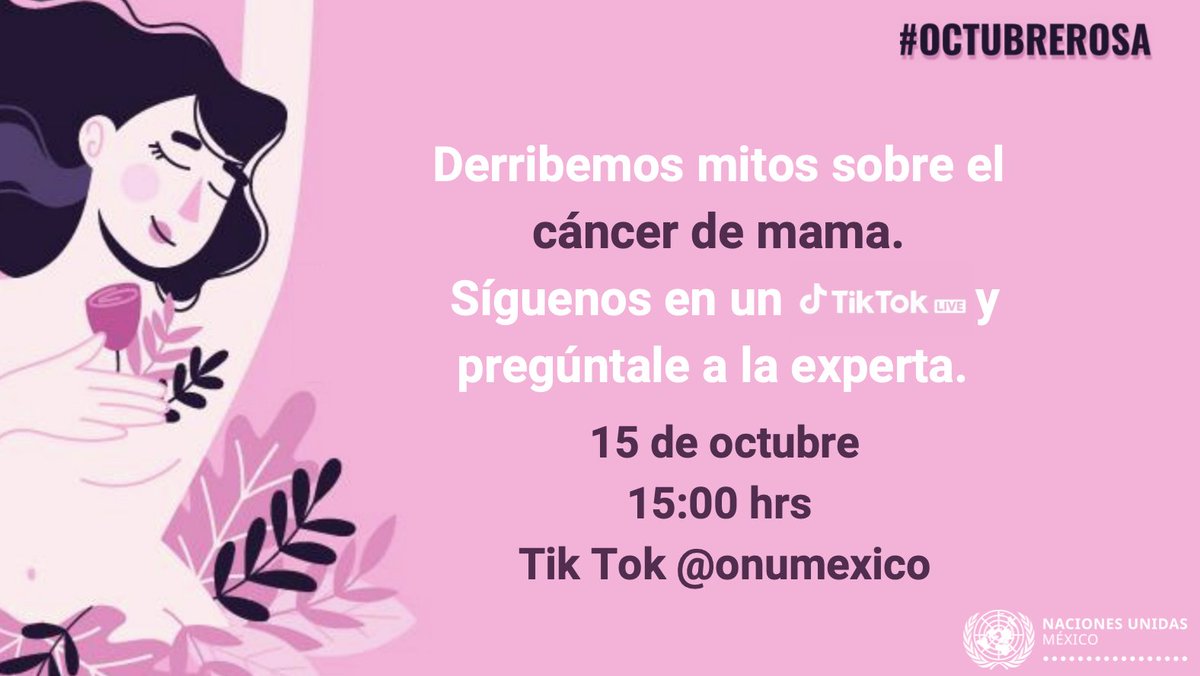 No te pierdas en <a href="/TiktokMxc/">Tiktok Mexico</a> una charla en vivo sobre el #CáncerDeMama 
Nos acompaña  la Dra. Virginia Molina Cuevas, Consultora Nacional de Enfermedades no transmisibles  de la <a href="/OPSOMSMexico/">OPS/OMS México</a> 
📆15 de octubre
⏰15 hrs
 #OctubreRosa. 
👉¡Prepara tus preguntas!