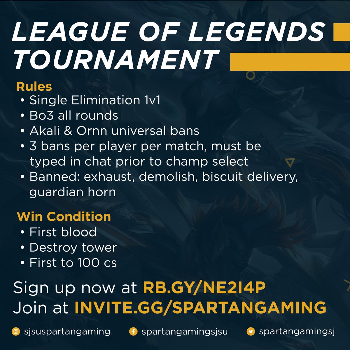 On 10/22, we'll be having our FIRST club event: a LoL 1v1 tournament on Howling Abyss! The tournament will take place at Guildhouse at 4 PM, and you must be physically present to participate. Be sure to sign up here: rb.gy/ne2i4p Hope to see you there! 💙 💛