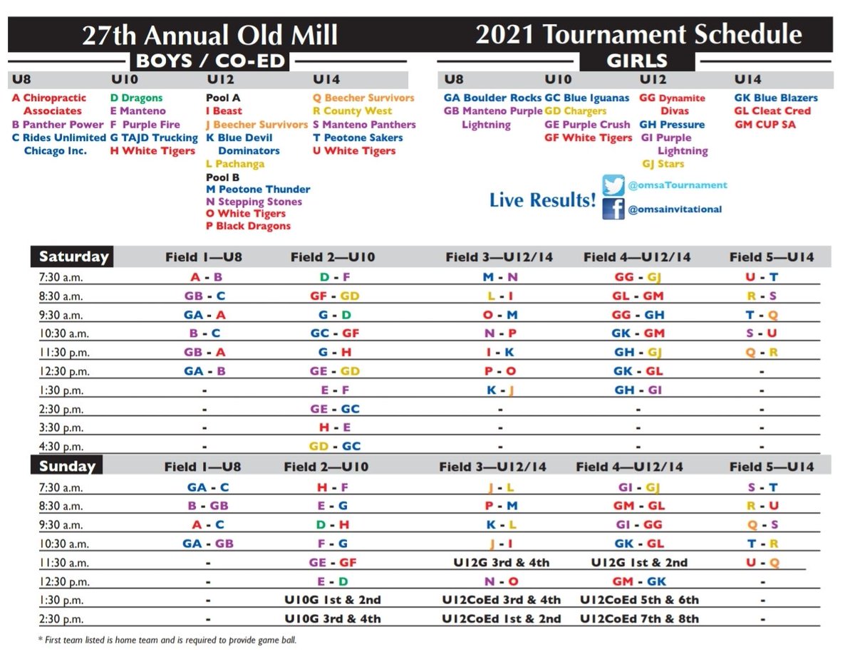 OMSAtournament's tweet photo. 27th Annual Old Mill Soccer Tournament schedule.  Good luck to all participating teams. https://t.co/75QKv49UEq