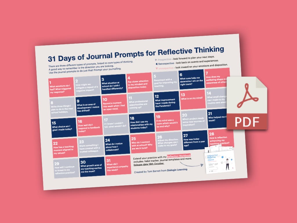 tombarrett's tweet photo. ⚡️ Supercharge your reflective thinking with 31 Days of Journal Prompts - Download a month of journaling prompts, questions and provocations.  https://t.co/py8WrqZ5tM https://t.co/8VoUPhrS76