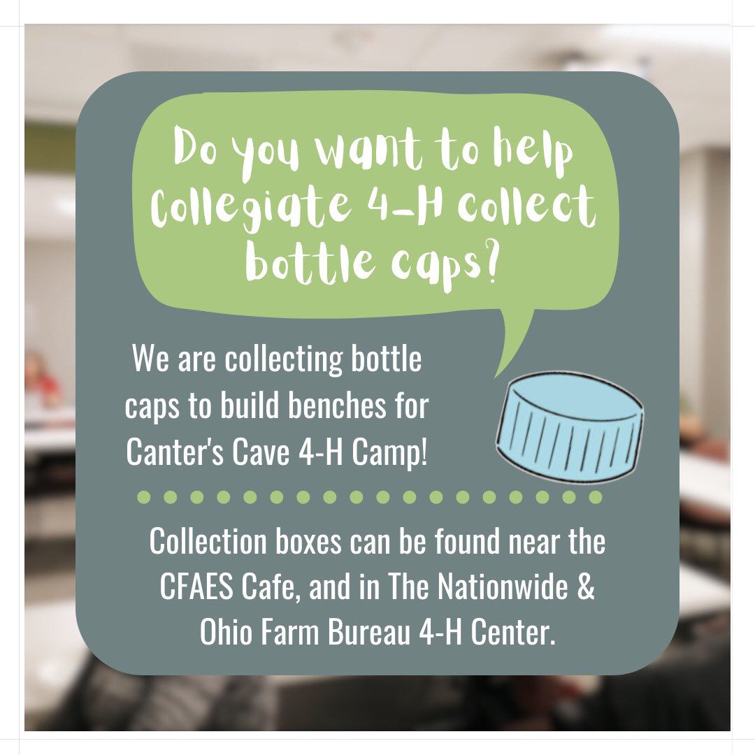 collegiate4hosu's tweet image. Introducing our semester long service project! We are collecting bottle caps/lids for Canter’s Cave 4-H Camp to make benches. Drop off your caps &amp;amp; lids to our collection boxes located near the CFAES cafe and in the Nationwide &amp;amp; Ohio Farm Bureau 4-H Center.