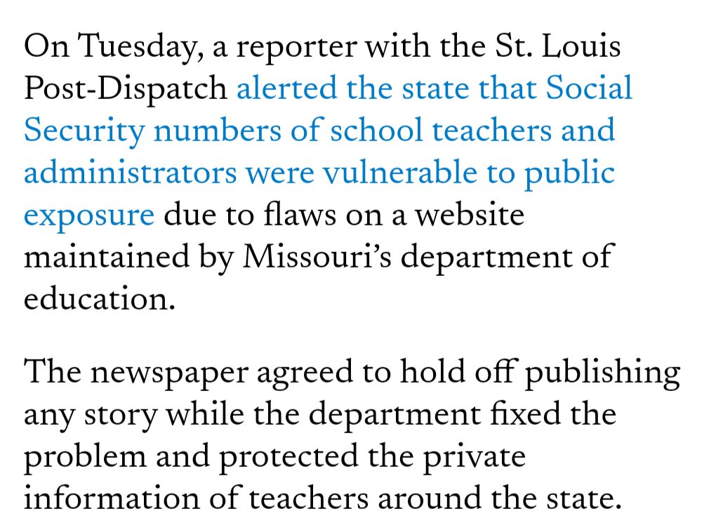 ACM_Ethics's tweet image. &quot;The newspaper agreed to hold off publishing any story while the department fixed the problem and protected the private information...&quot;

The newspaper &amp;amp; journalist appear to have followed [at least] &quot;do no harm&quot; (1.2) &amp;amp; &quot;respect privacy&quot; (1.6) #ACMCodeofEthics #IReadTheCode
