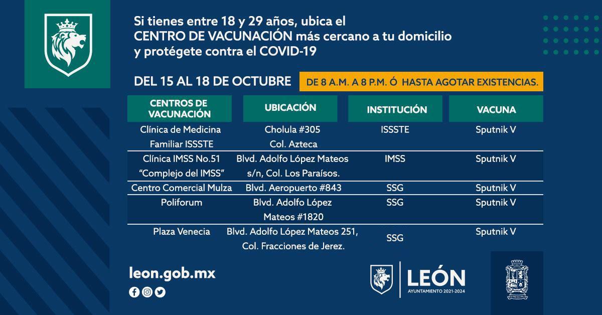 SaludLeonmx's tweet photo. #PasaLaVoz📣 La jornada de vacunación 💉 anti #COVID19, para el GRUPO de 18 a 29 años; con primeras dosis de la marca Sputnik V, COMIENZA este VIERNES en #León.

⚠️ Aquí te compartimos la lista de los 5 puntos de vacunación 🏥 habilitados, para que acudas si eres de este grupo.😷 https://t.co/KBPv8nrAvI