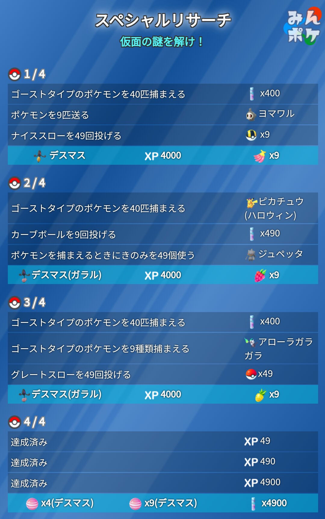ポケモンgo攻略 みんポケ ハロウィンイベント スペシャルリサーチの内容が判明しました 捕獲系のタスクが多く リワードではデスマスやガラルデスマスが登場しています リワードの一部が間違っていたため再ツイート T Co Yhuevqfm9c