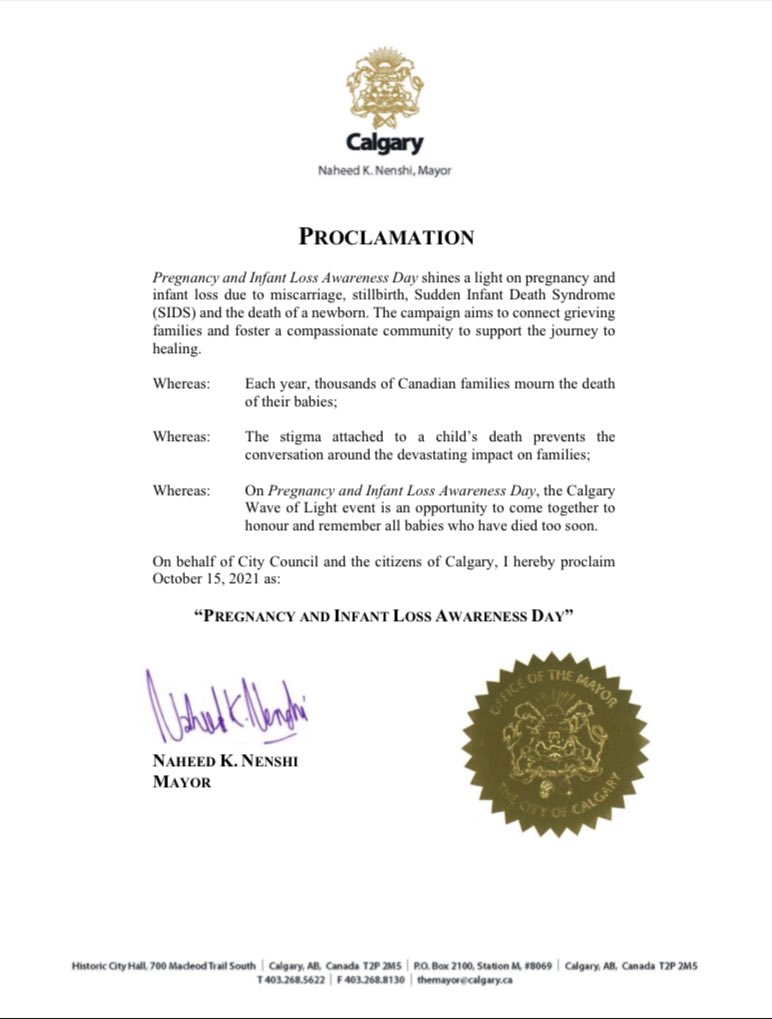 Thank you to Mayor <a href="/nenshi/">Naheed Nenshi</a> for proclaiming October 15 Pregnancy and Infant Awareness Day

Join our community tomorrow in honouring all the babies gone too soon

pilsc.org