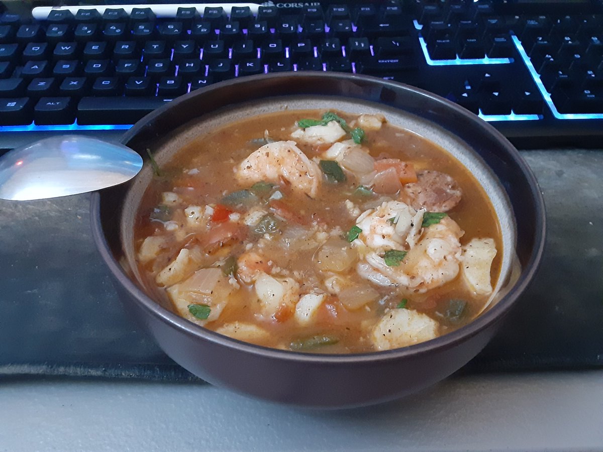 My vibe is in check, my balls are fat, and now we're about to *eat* this bowl of cajun seafood stew.