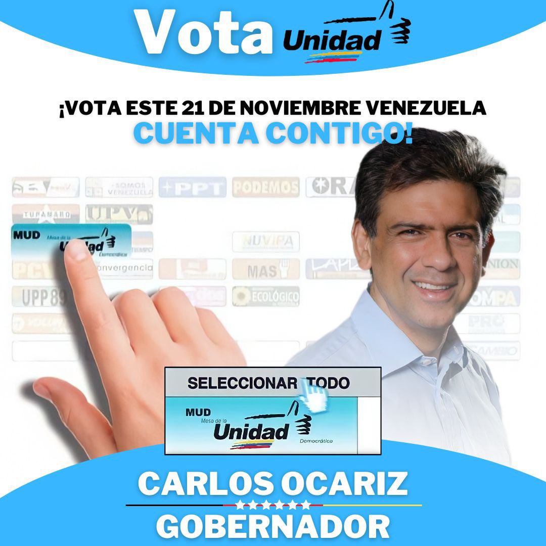 En Miranda nuestro candidato a Gobernador es <a href="/CarlosOcariz/">Carlos Ocariz</a> te invitamos a Votar este #21Nov con la Tarjeta de la #Unidad mas oportunidades y beneficios para todos sus habitantes! #MirandaMereceMas #AquiEstamos #EnUnidadPorCharallave