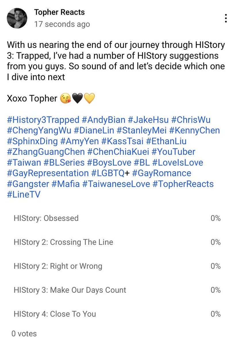 TopherReacts's tweet photo. Head to the Community tab on YouTube and sound off
#History3Trapped #AndyBian #JakeHsu #ChrisWu #ChengYangWu #DianeLin #StanleyMei #KennyChen #SphinxDing #AmyYen #KassTsai #EthanLiu #ZhangGuangChen #ChenChiaKuei #BLSeries #LGBTQ+ #TopherReacts #LineTV https://t.co/BYavbwNIUo