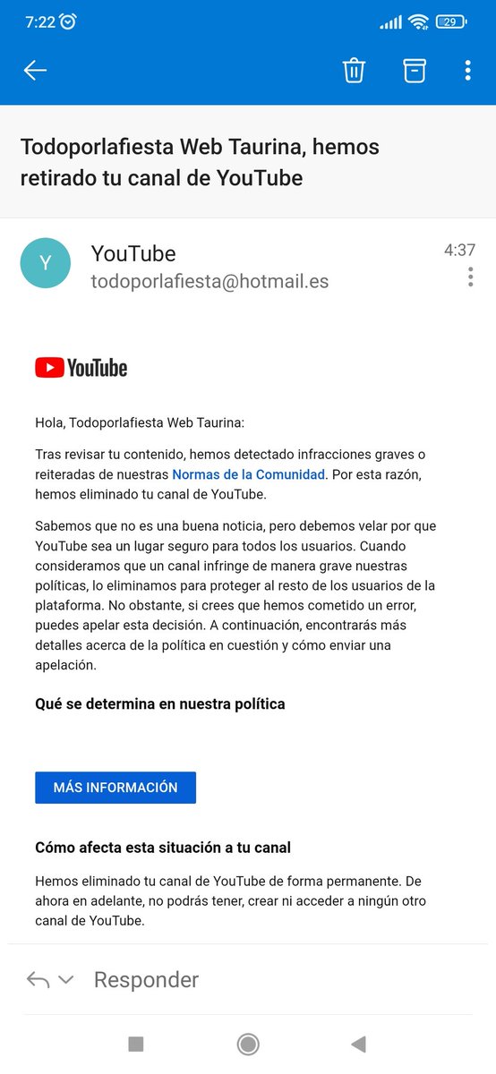 Con premeditación, nocturnidad y alevosía.

Otro ataque más a la tauromaquia y no será el último de <a href="/youtube/">YouTube</a> 

Seguiremos trabajando en las plataformas que nos respeten

¡Viva la Tauromaquia!

todoporlafiesta.net

#Cierreyoutube #AtaqueTauromaquia #Injusticia #TodoPorLaFiesta
